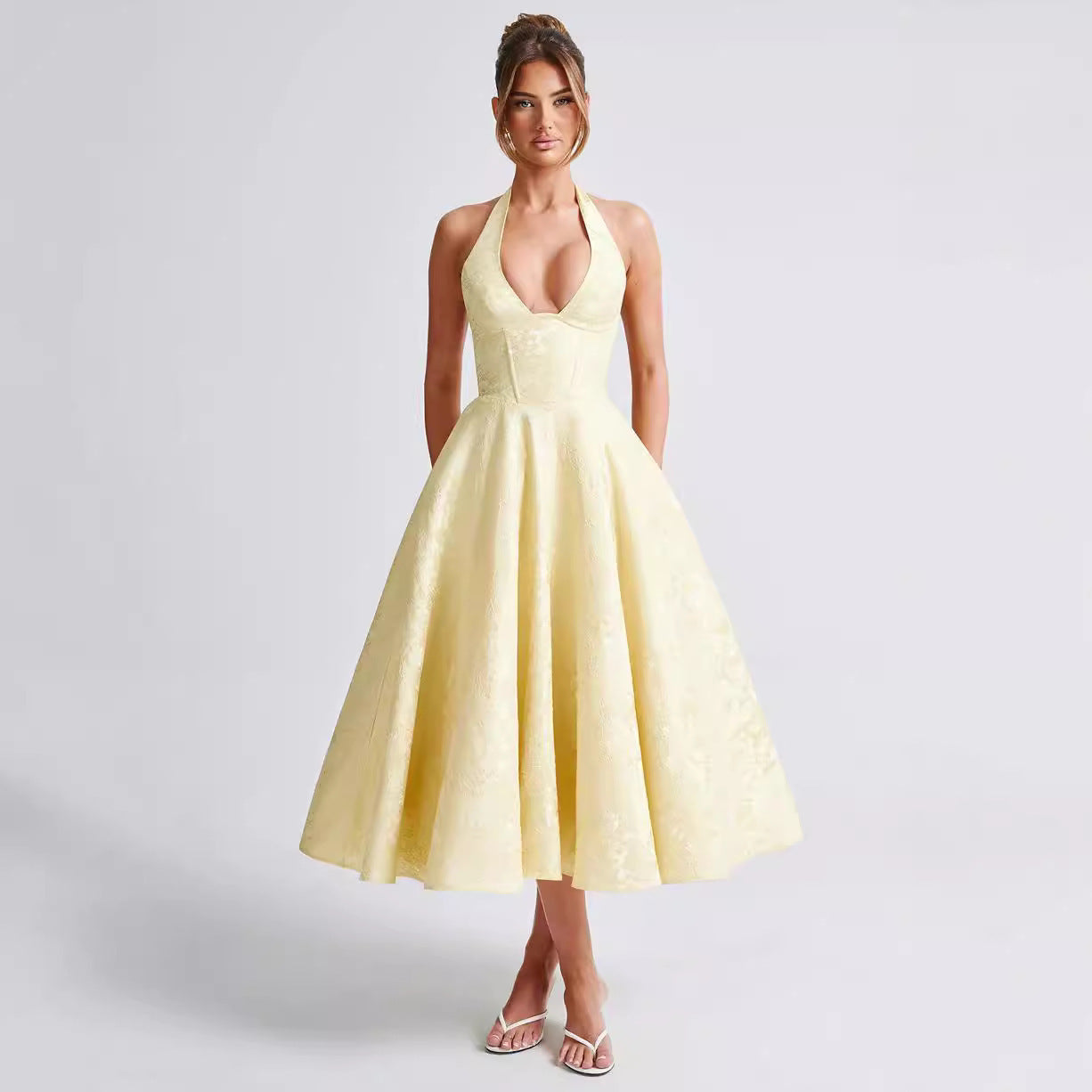 Limettengelbes Kleid mit V-Ausschnitt